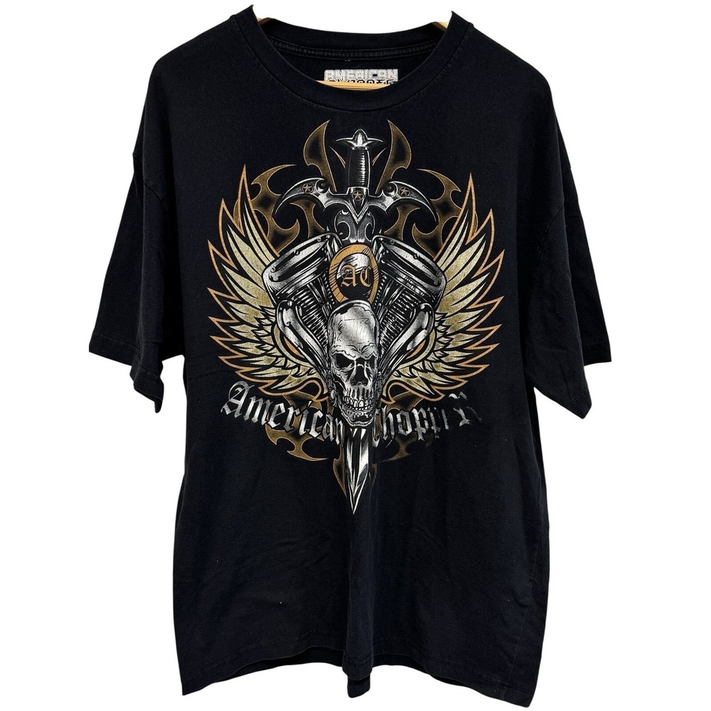 VTG American‎ Choppers Skull Wings Motorcycle Black Faded T-Shirt Sz XL